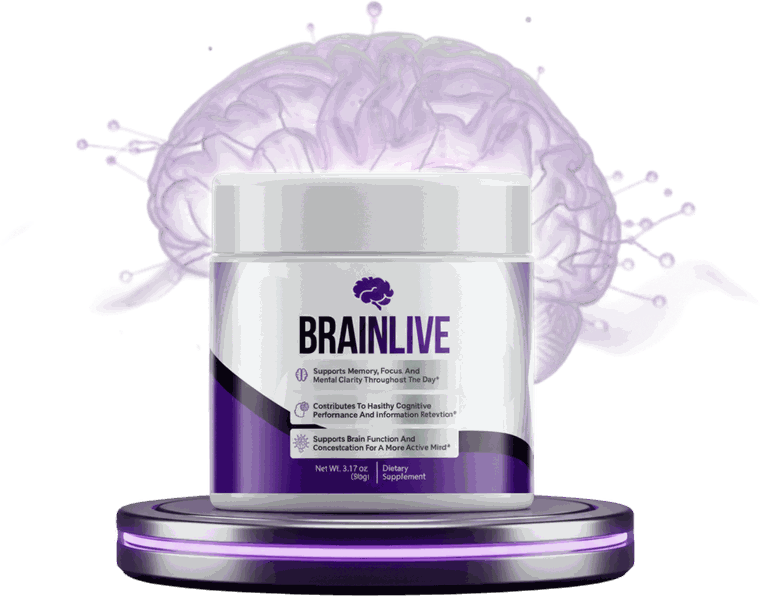 A jar of BrainLive gut-brain memory powder in front of a brain illustration